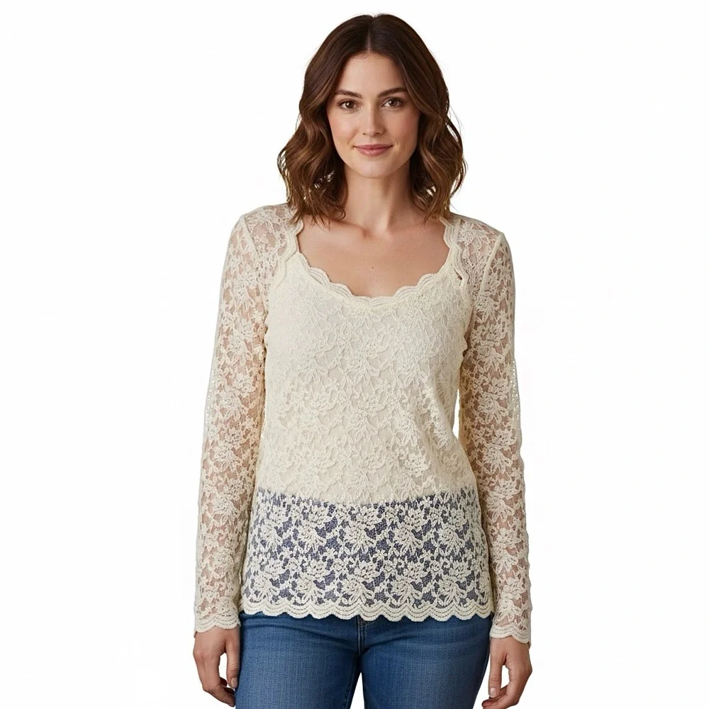 GUESS Ivory Lace Sweetheart Neck Long sleeve Sheer Blouse Women's Size XL
